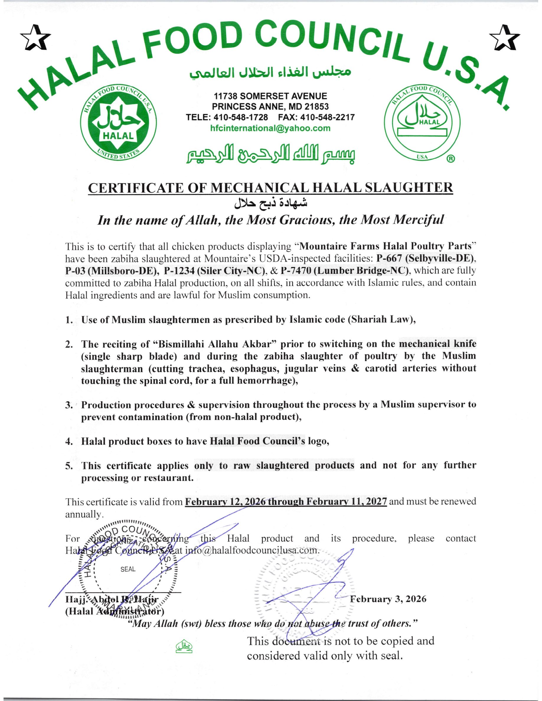 Barn Bird Kitchen halal certification certificate