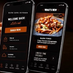 Barn Bird Kitchen app preview on two phones